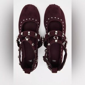 Zara burgundy studded suede ballet flats
